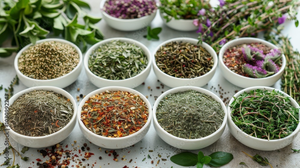 A variety of fresh and dried herbs, including rosemary, thyme, and oregano, laid out on a white table. Aromatic and healthy A variety of fresh and dried herbs, including rosemary, thyme, and oregano, laid out on a white table. Aromatic and healthy
