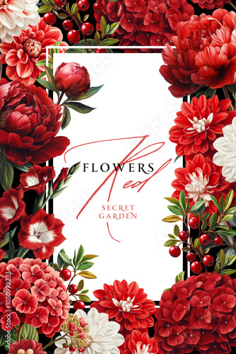 Vintage vector illustration with red flowers on a changeable background. Floral design template for wedding invitation, greeting card, notebook cover, flyer or banner.