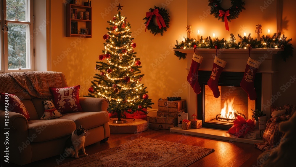 Cozy Living Room with Holiday Decor and Pets Cozy Living Room with Holiday Decor and Pets