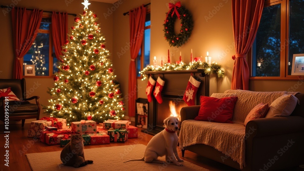 Cozy Living Room with Pets and Holiday Decorations Cozy Living Room with Pets and Holiday Decorations