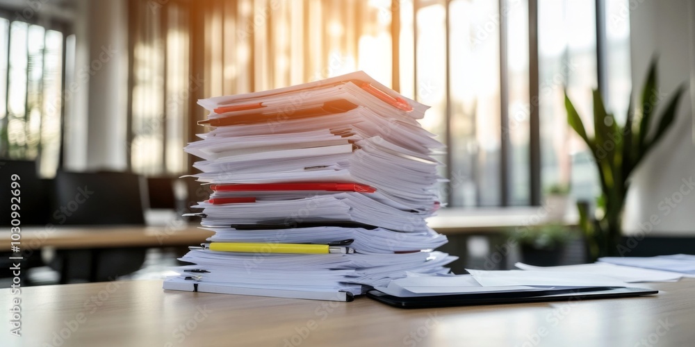A cluttered office desk filled with pending documents. A cluttered office desk filled with pending documents.