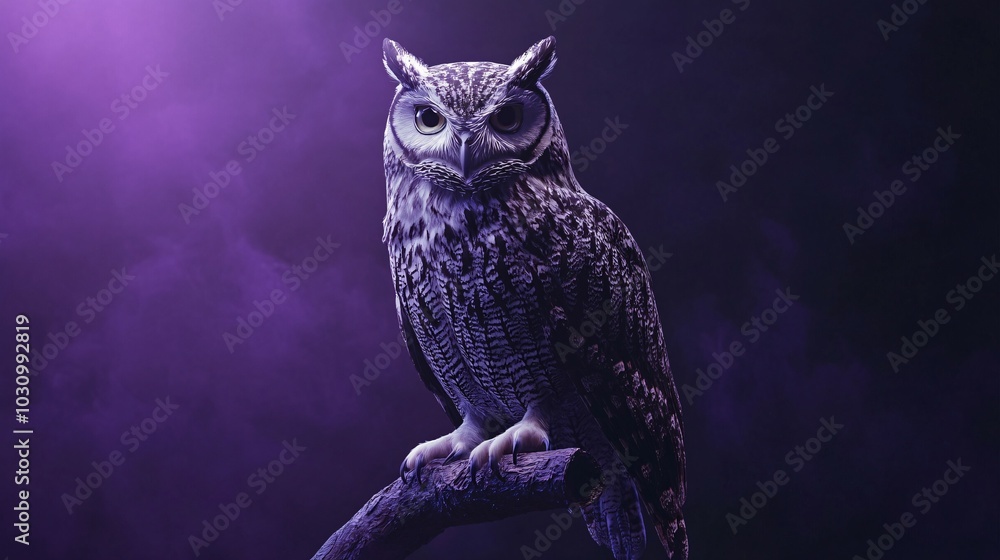 A Majestic Owl Perched on a Branch Against a Purple Background A Majestic Owl Perched on a Branch Against a Purple Background