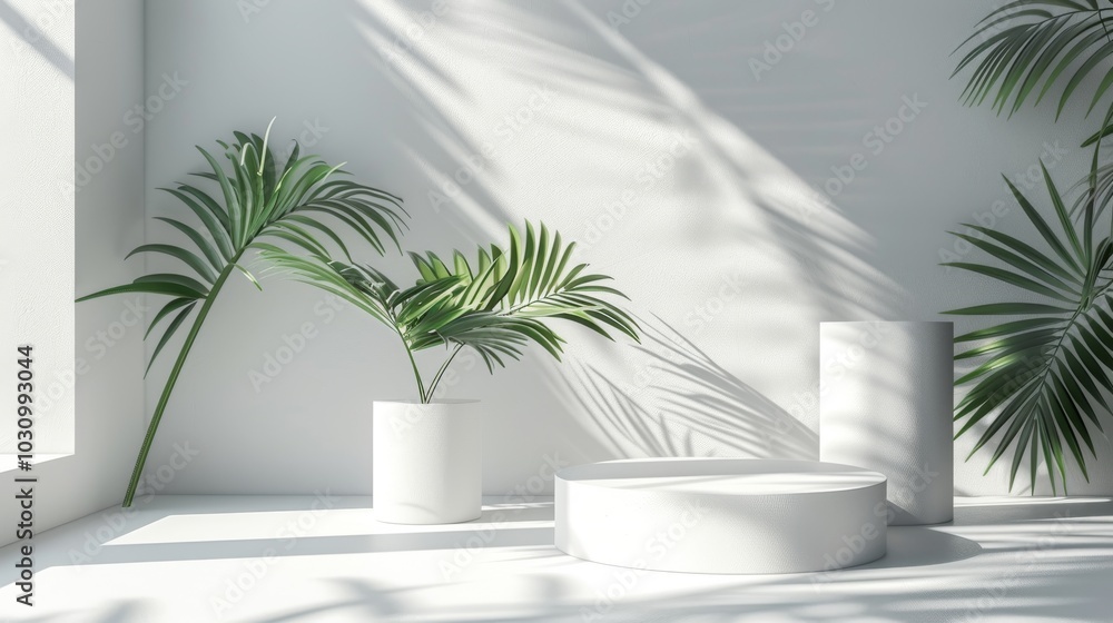 Abstract 3D white room, cylinder pedestal, palm leaf shadows, minimalist and elegant product display Abstract 3D white room, cylinder pedestal, palm leaf shadows, minimalist and elegant product display