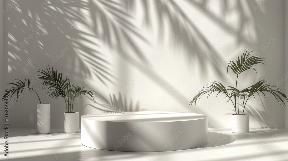 Abstract 3D white room, cylinder pedestal, palm leaf shadows, minimalist and elegant product display Abstract 3D white room, cylinder pedestal, palm leaf shadows, minimalist and elegant product display