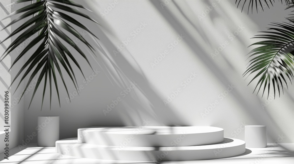 Abstract 3D white room, cylinder pedestal, palm leaf shadows, minimalist and elegant product display Abstract 3D white room, cylinder pedestal, palm leaf shadows, minimalist and elegant product display