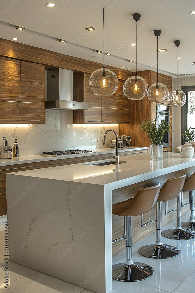 Fototapeta premium A modern kitchen featuring a sleek island, stylish bar stools, and contemporary lighting, emphasizing elegance and functionality.