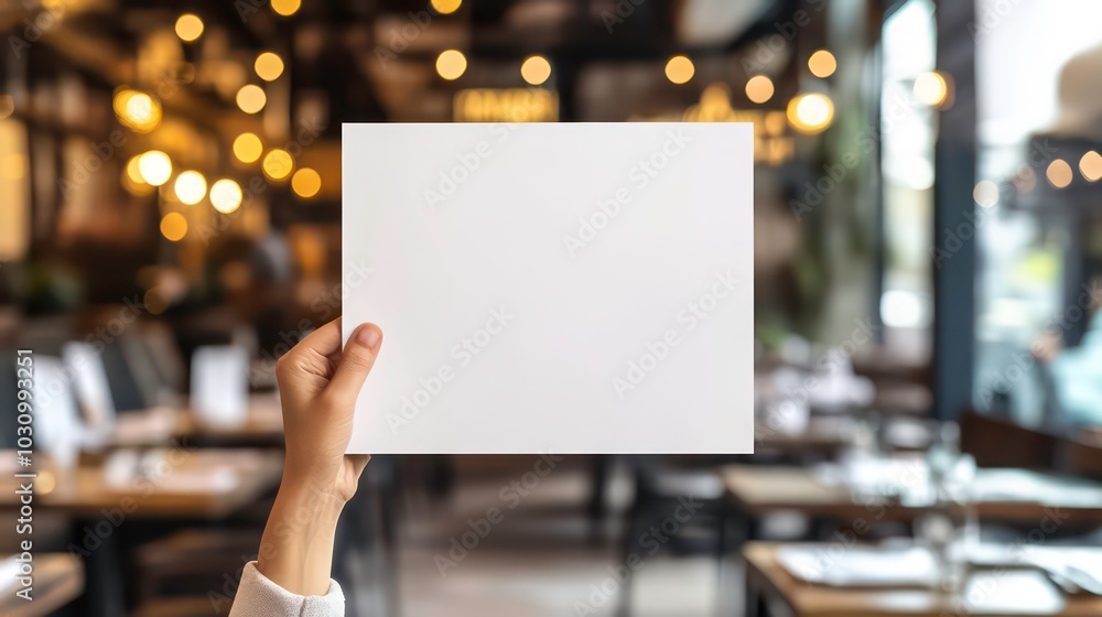 A hand holding a blank white card in a cafe. A hand holding a blank white card in a cafe.