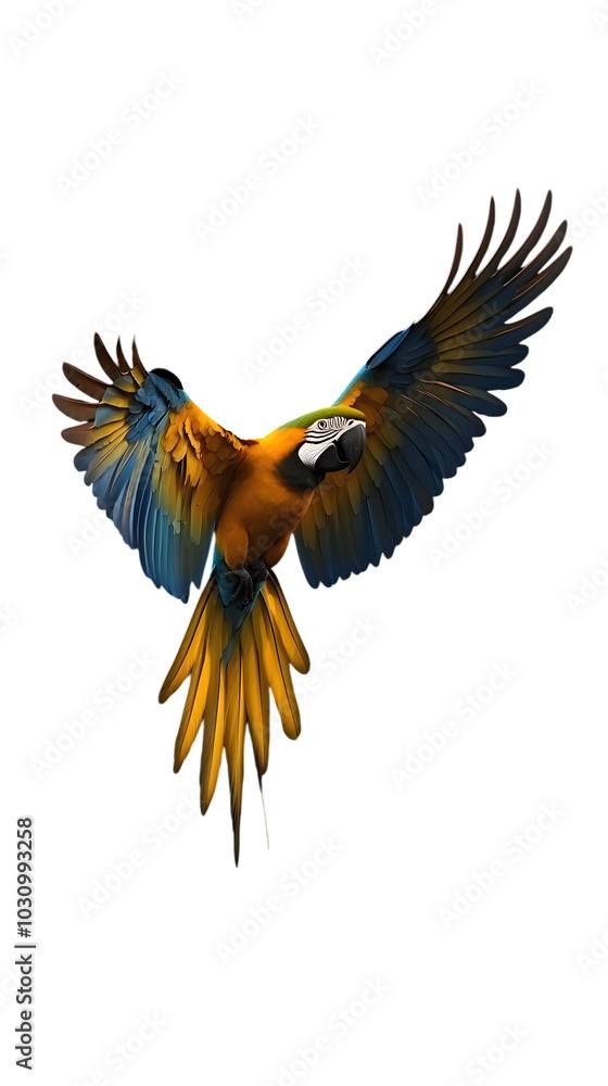 Obraz premium Blue-and-yellow Macaw Bird, Flying, on Transparent Background PNG, Wallpaper, Cover and Smartphone Screen, PC, Laptop, Graphic, Transparent PNG