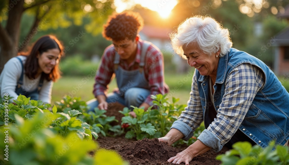 custom made wallpaper toronto digitalCommunity garden in the late afternoon, an Asian woman in her 20s harvesting vegetables, a Hispanic teenage boy in his 16s helping a Black elderly woman in her 70s to mix soil, and a White man