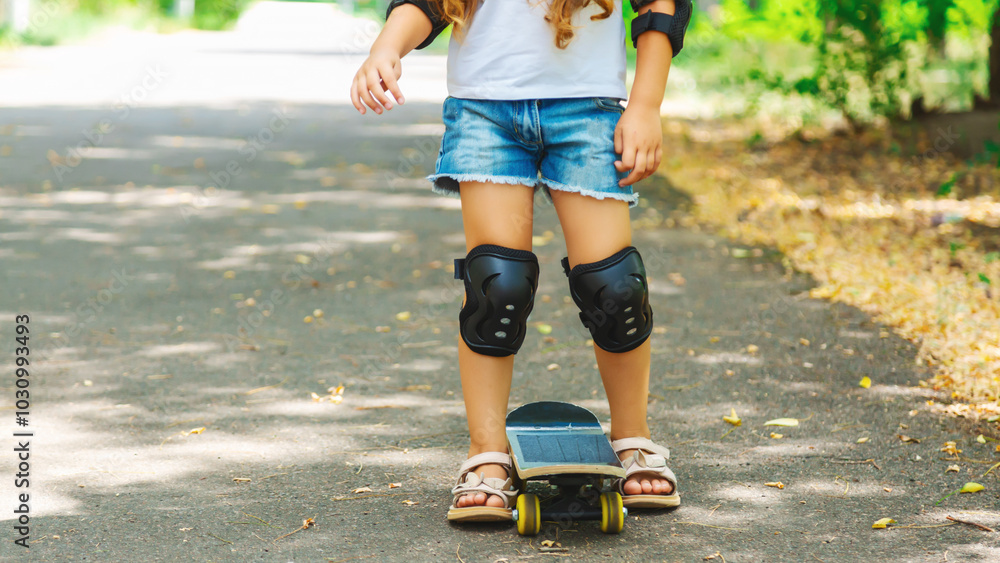 Child riding skateboard in summer park. Little girl learning to ride skate board. Active outdoor sport for school and kindergarten kids. Children skateboarding. Kid skating. Child riding skateboard in summer park. Little girl learning to ride skate board. Active outdoor sport for school and kindergarten kids. Children skateboarding. Kid skating.