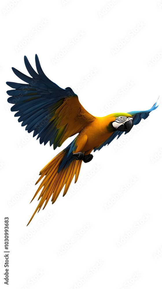 Fototapeta premium Blue-and-yellow Macaw Bird, Flying, on Transparent Background PNG, Wallpaper, Cover and Smartphone Screen, PC, Laptop, Graphic, Transparent PNG