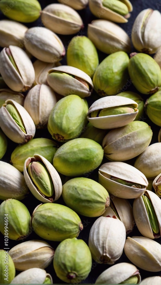 A close-up of a large pile of shelled pistachios, arranged on a dark surface. A close-up of a large pile of shelled pistachios, arranged on a dark surface.