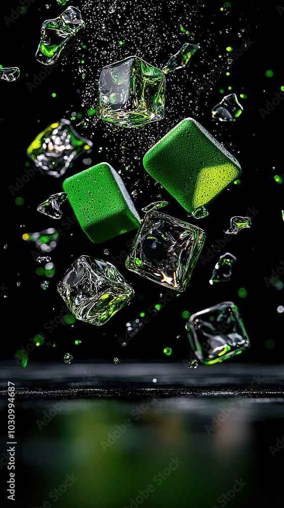 Ice cubes in midair with water splashing Ice cubes in midair with water splashing