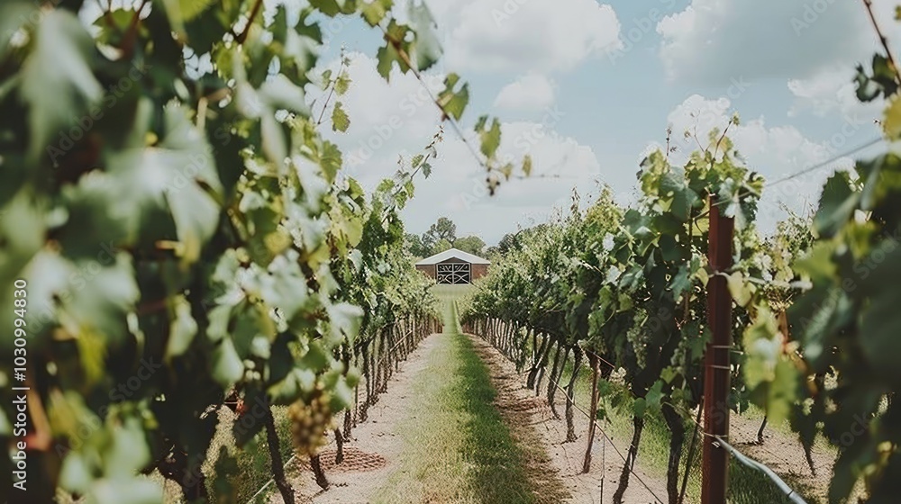 A Path Through Lush Grapevines Leading to a Barn A Path Through Lush Grapevines Leading to a Barn