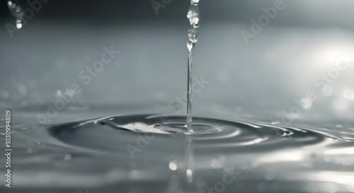 Super slow motion of rain drops falling into water