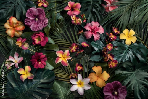 Vibrant Tropical Floral Arrangements with Palm Leaves