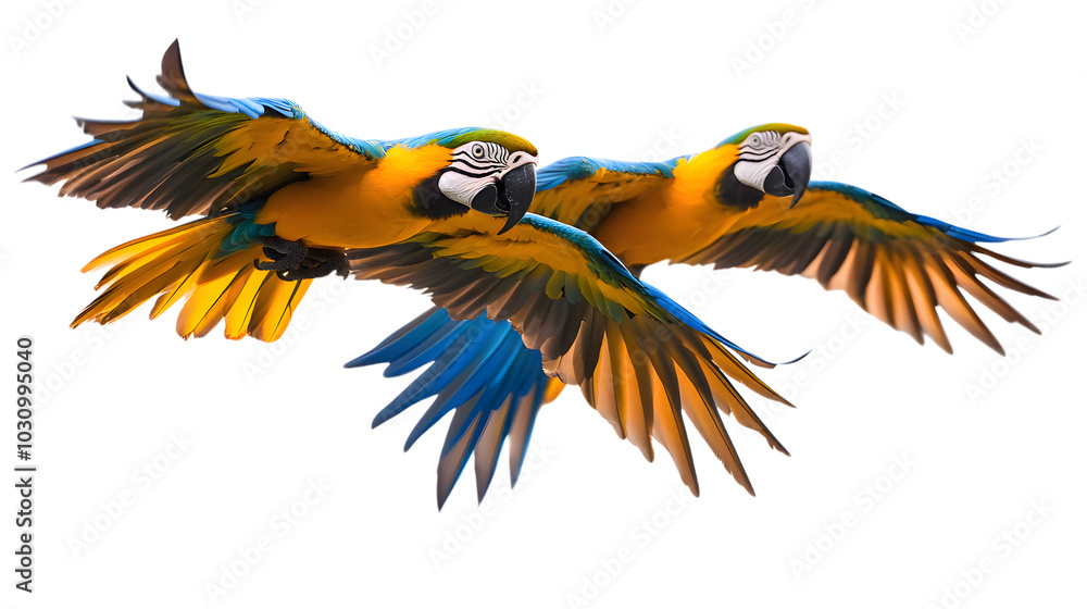 Obraz premium Blue-and-yellow Macaw Bird, Flying, on Transparent Background PNG, Wallpaper, Cover and Smartphone Screen, PC, Laptop, Graphic, Transparent PNG