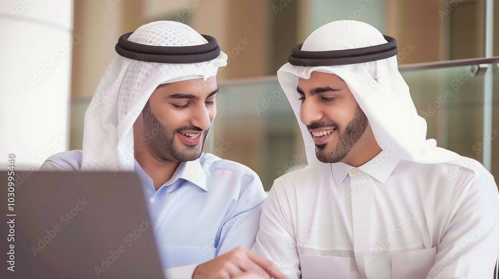 Two Men in Traditional Arab Clothing Looking at a Laptop Two Men in Traditional Arab Clothing Looking at a Laptop