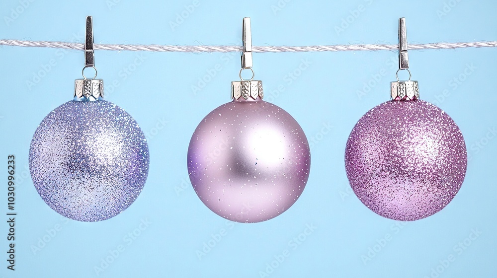 Three ornaments dangle on a clothesline against a blue backdrop in the shape of a Christmas tree ornament Three ornaments dangle on a clothesline against a blue backdrop in the shape of a Christmas tree ornament