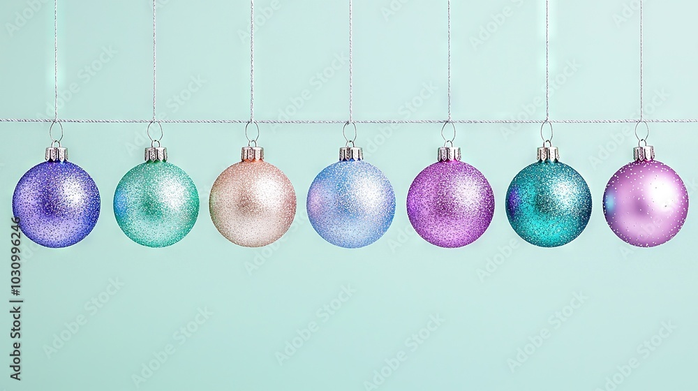 Row of Christmas ornaments dangling from a string against a light green backdrop with a blue wall behind Row of Christmas ornaments dangling from a string against a light green backdrop with a blue wall behind