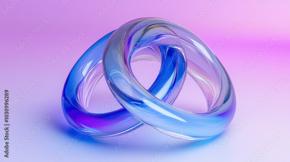 Two translucent blue glass rings with a holographic finish, overlapping on a vibrant purple and pink background. Two translucent blue glass rings with a holographic finish, overlapping on a vibrant purple and pink background.