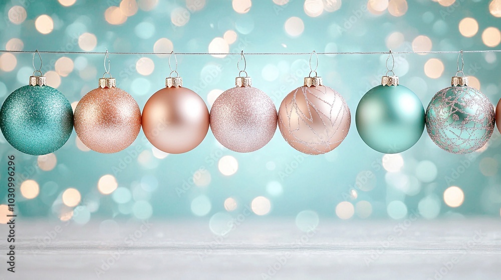 A line of Christmas ornaments dangles on a string against a backdrop of twinkling lights A line of Christmas ornaments dangles on a string against a backdrop of twinkling lights