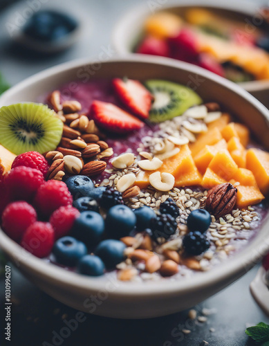 A vibrant smoothie bowl cafe with bowls filled with colorful fruits, nuts, and seeds.






 photo