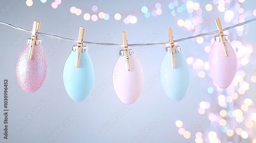 String of clothes pins with pastel Easter egg ornaments String of clothes pins with pastel Easter egg ornaments