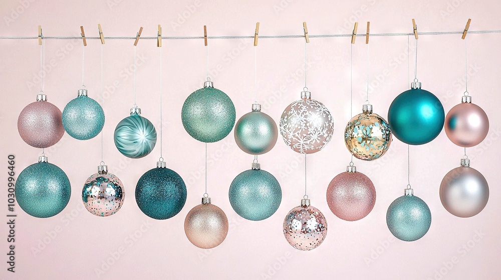 A string of Christmas ornaments dangles from a clothesline with clothes pins in front of a pink wall A string of Christmas ornaments dangles from a clothesline with clothes pins in front of a pink wall