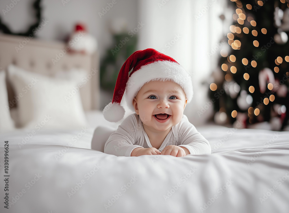 Smiling Baby in Santa Hat Lying on Bed with Christmas Tree in Background for Festive Holiday Baby Photography Smiling Baby in Santa Hat Lying on Bed with Christmas Tree in Background for Festive Holiday Baby Photography
