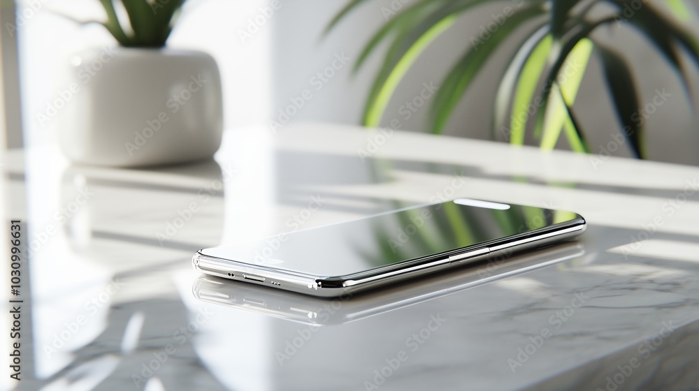 A smartphone rests on a marble desk. Green plants and sunlight create a tranquil and modern atmosphere. A smartphone rests on a marble desk. Green plants and sunlight create a tranquil and modern atmosphere.