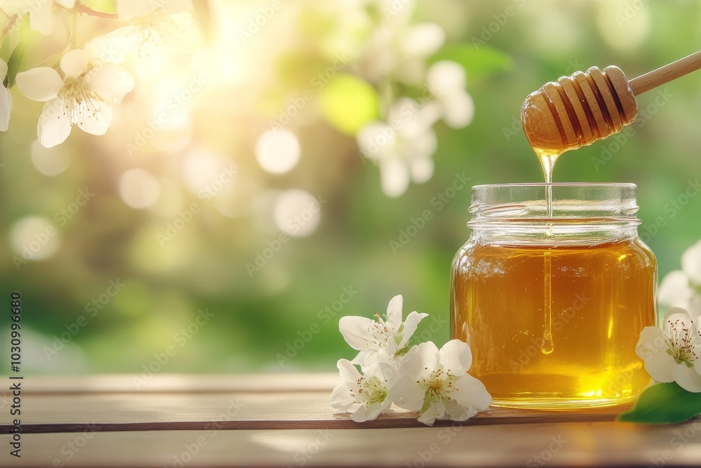 Fresh Honey Dripping from a Wooden Dipper into a Jar with Blooming Flowers Fresh Honey Dripping from a Wooden Dipper into a Jar with Blooming Flowers
