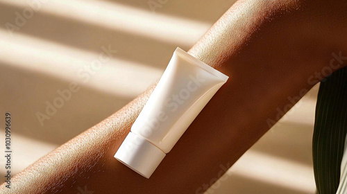   Close-up of person's arm with lotion tube