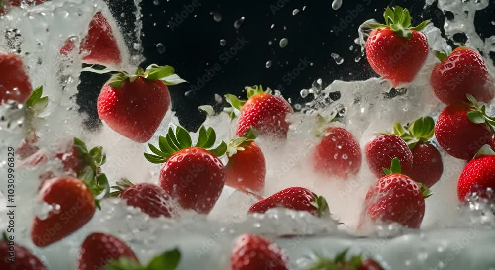 Super Slow Motion of Water Drops Falling Over Strawberries Super Slow Motion of Water Drops Falling Over Strawberries