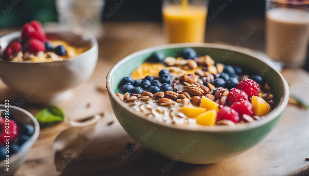 A vibrant smoothie bowl cafe with bowls filled with colorful fruits, nuts, and seeds.
A vibrant smoothie bowl cafe with bowls filled with colorful fruits, nuts, and seeds.