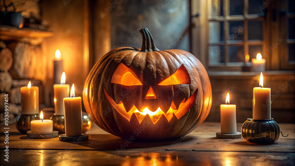 Carved Halloween pumpkin with glowing candles in rustic setting Carved Halloween pumpkin with glowing candles in rustic setting