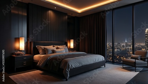 Modern Minimalist Bedroom with City View at Night