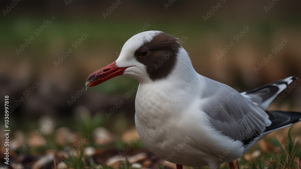 A close-up portrait of a black-headed gull with a red beak standing in a grassy area. A close-up portrait of a black-headed gull with a red beak standing in a grassy area.