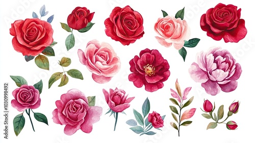 Various beautiful roses in different colors, white isolate background.