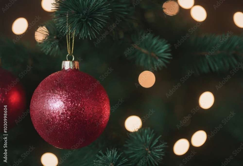 Christmas tree with red baubles on bokeh lights background Christmas tree with red baubles on bokeh lights background