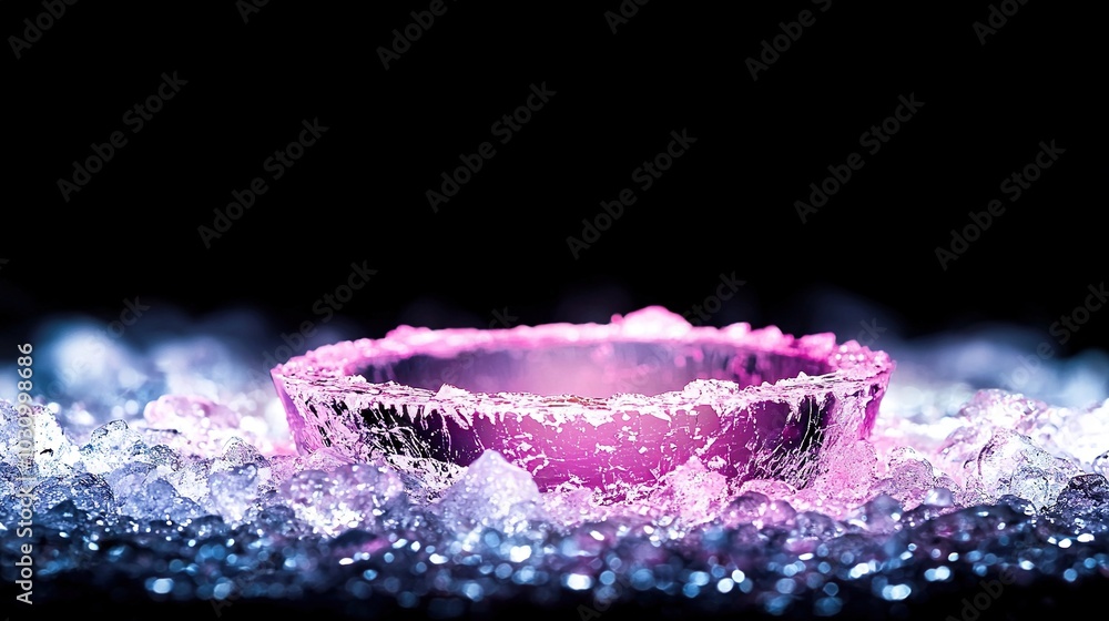 A ring with pink and blue hues is placed on top of a silver and pink sparkles stack, set against a black background A ring with pink and blue hues is placed on top of a silver and pink sparkles stack, set against a black background
