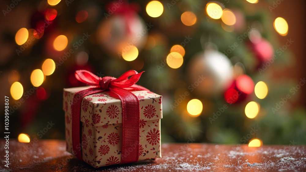 Festive Gift Box with Red Ribbon in Front of Christmas Tree Festive Gift Box with Red Ribbon in Front of Christmas Tree