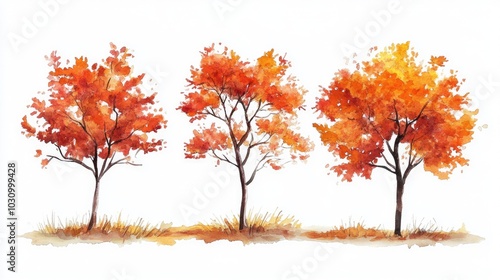 Three vibrant autumn trees with orange leaves on a white isolated background.