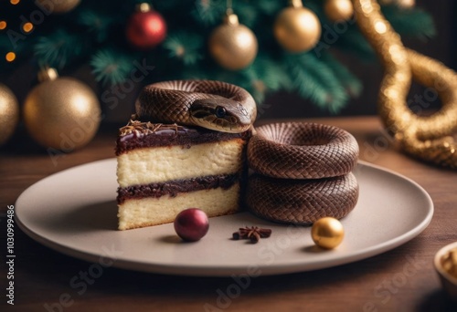 Chocolate cake with a snake on a plate, Christmas tree and decorations