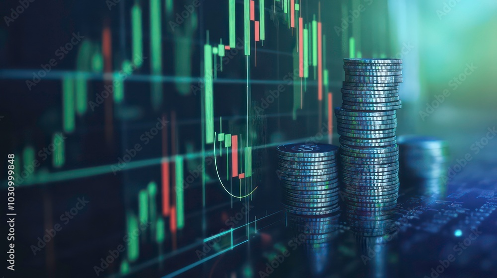 A stack of silver coins on a desk with a stock market chart in the background. A stack of silver coins on a desk with a stock market chart in the background.