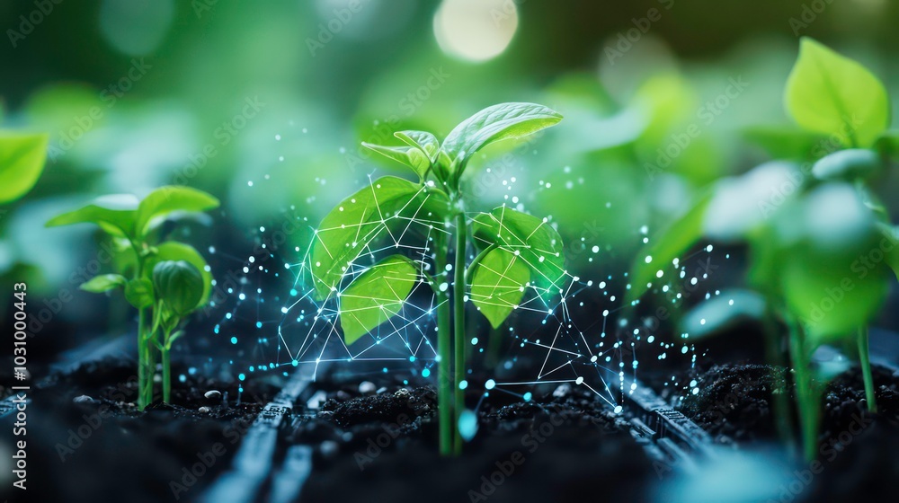 Young green plant with network of lines and dots growing in soil. Young green plant with network of lines and dots growing in soil.