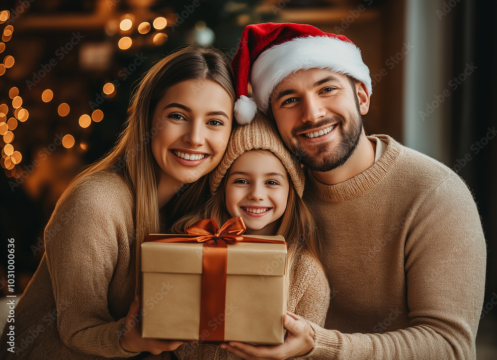 Happy Family Holding Gift Box Smiling Together in Front of Christmas Tree for Festive Holiday Celebration and Christmas Family Portrait Photography