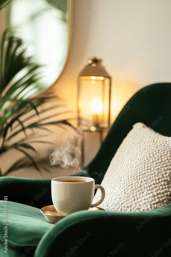 cozy reading nook with a plush, dark green lounge chair, a steaming mug of tea, and soft lighting from a modern lantern and a large mirror cozy reading nook with a plush, dark green lounge chair, a steaming mug of tea, and soft lighting from a modern lantern and a large mirror