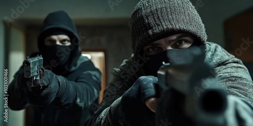 Armed thieves in masks are gearing up for a bank robbery.