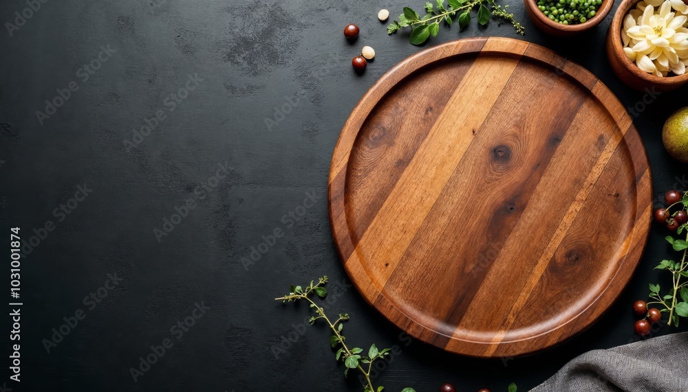 Fototapeta premium Wooden Serving Board Surrounded by Fresh Ingredients on a Dark Surface